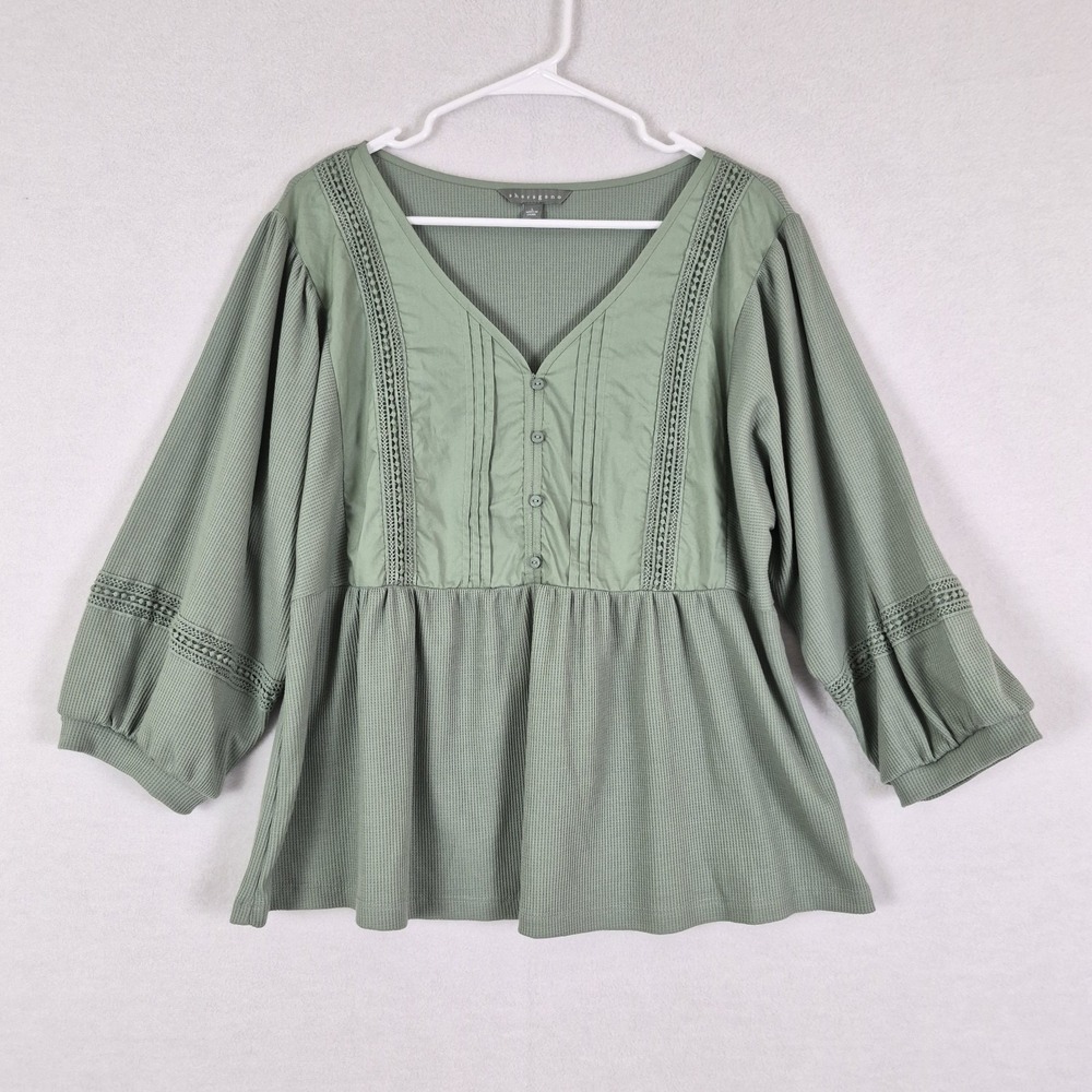 Sharagano Sage Green Size L Waffle Knit Babydoll Top Puff Sleeve Boho Crochet
